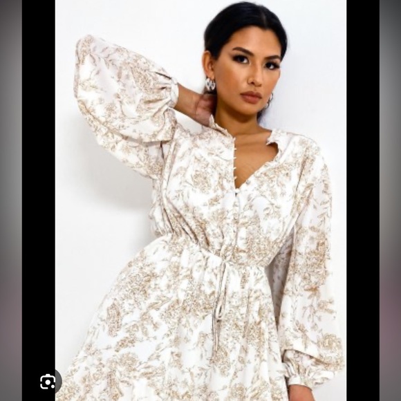 White button front long sleeve printed dress - Picture 3 of 8